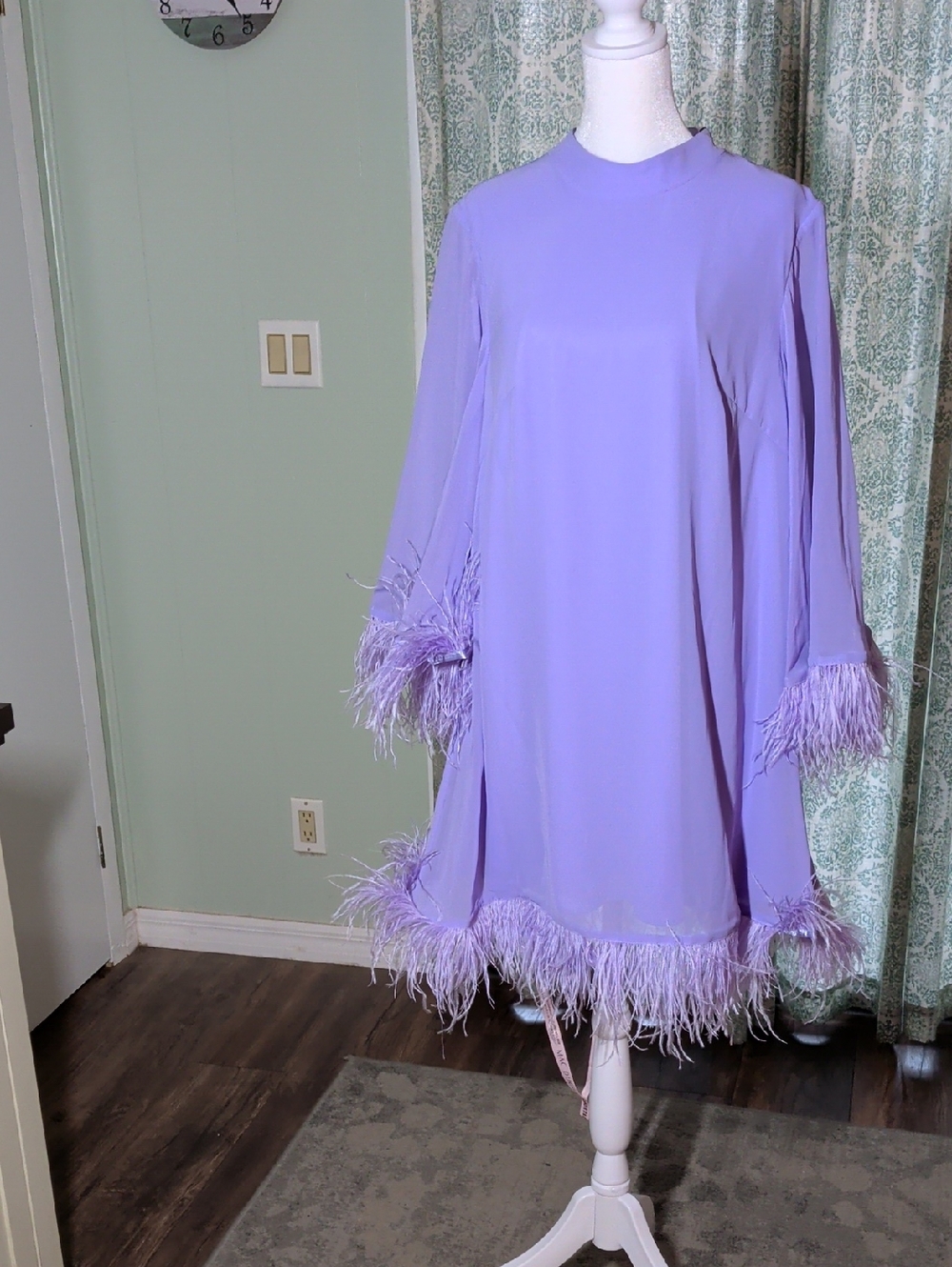 Ieena For Mac Duggal Lavender Feather-Trim Shift Dress